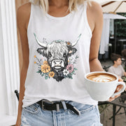 Cow with Flowers and Horns Crew-neck Sleeveless Vest Women's Color Cotton Tank Top in White