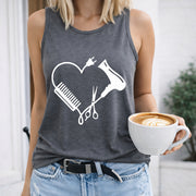 Heart Comb Scissors Hairdryer Crew-neck Sleeveless Vest Women's Color Cotton Tank Top in Gray