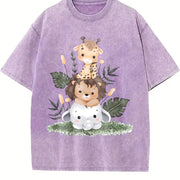 Giraffe Lion Vintage Washed T-Shirt in Purple