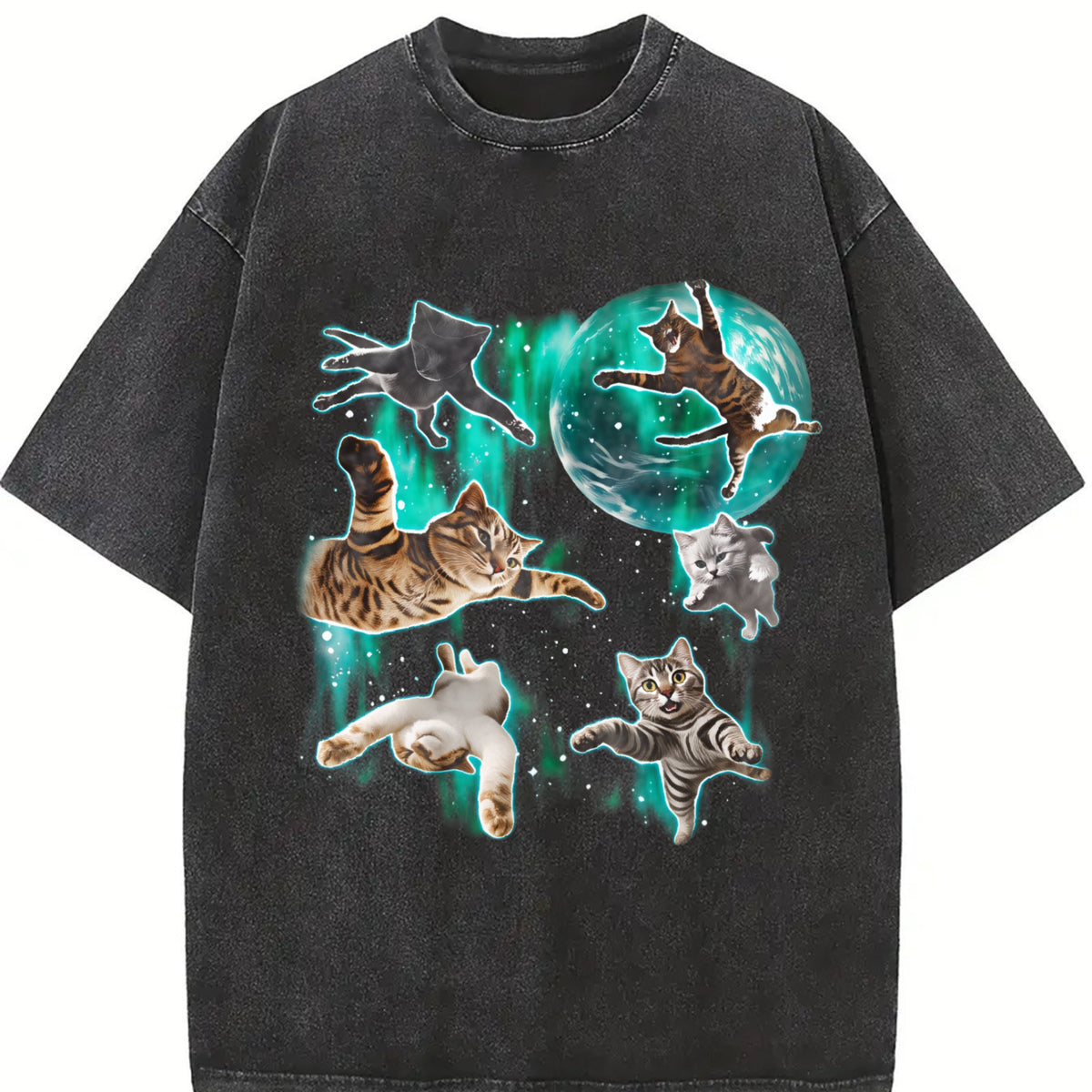 Cats Flying in Galaxy 90s Vintage Washed T-Shirt in Black