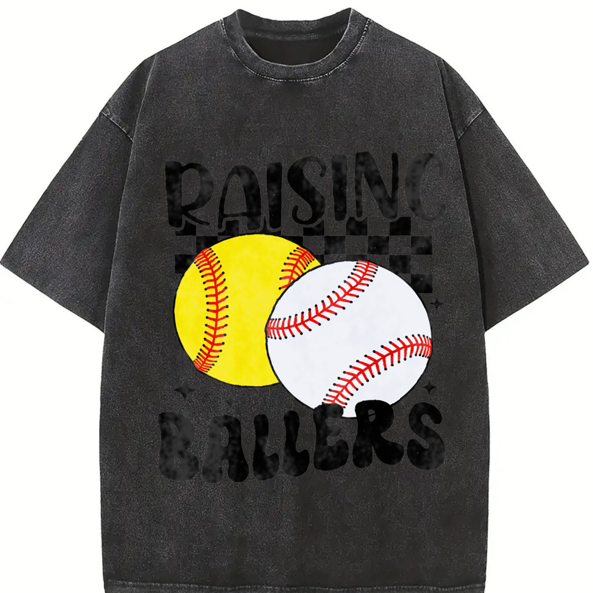 Retro Softball Baseball Vintage Washed T-Shirt in Black