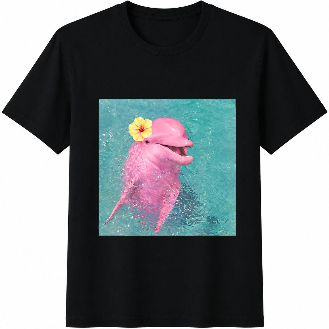 Pink Dolphin Flower Cotton T-Shirt in Black