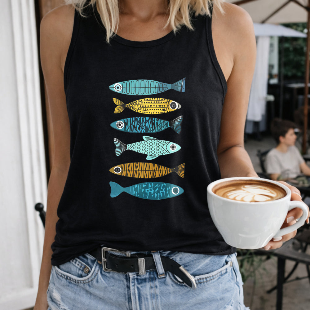 Colorful Fish Women's Color Cotton Tank Top in Black