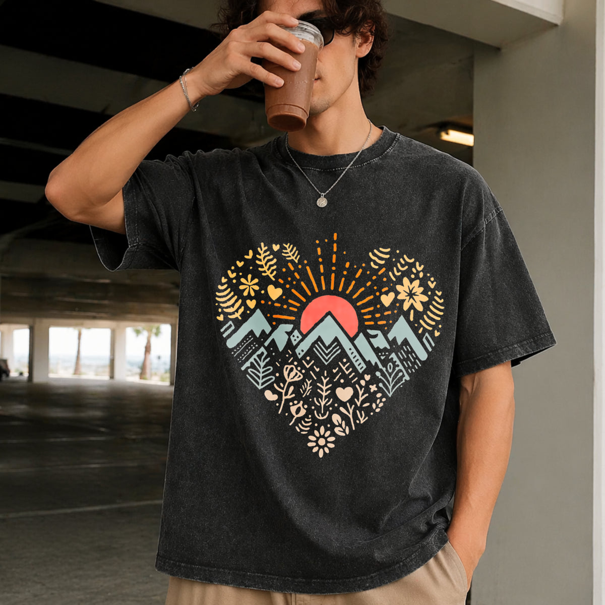 Mountain Heart Retro Camping Vintage Washed T-Shirt in Black