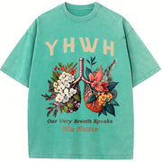 Short-Sleeve - YHWH Floral Butterfly & Every Breath vintage washed oversized T-shirt in Blue