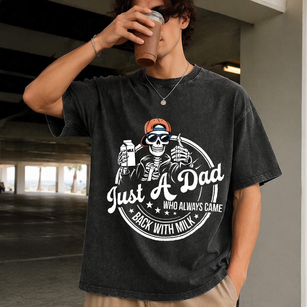 Just a Dad Who Always Came Back with the Milk Vintage Washed T-Shirt in Black