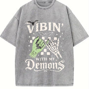 Vibin' with My Demons Skeleton vintage washed oversized T-shirt in Gray