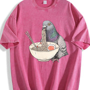 Pigeon Ramen Retro Pigeon Eating Noodles Vintage Washed T-Shirt in Red