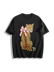 Pink Leopard with Bow Cotton T-Shirt in Black