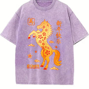 Winter Golden Paper Cut Horse with Red Floral Vintage Washed T-Shirt in Purple
