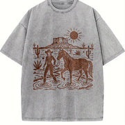 Cowgirl Desert Horse Vintage Washed T-Shirt in Gray