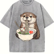 Otter Ramen Retro Otter Eating Noodles Vintage Washed T-Shirt in Gray