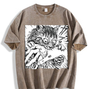 Cat Bite Japanese Horror Anime Vintage Washed T-Shirt in Brown