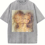 Two Glam Dolls Portrait Vintage Washed T-Shirt in Gray