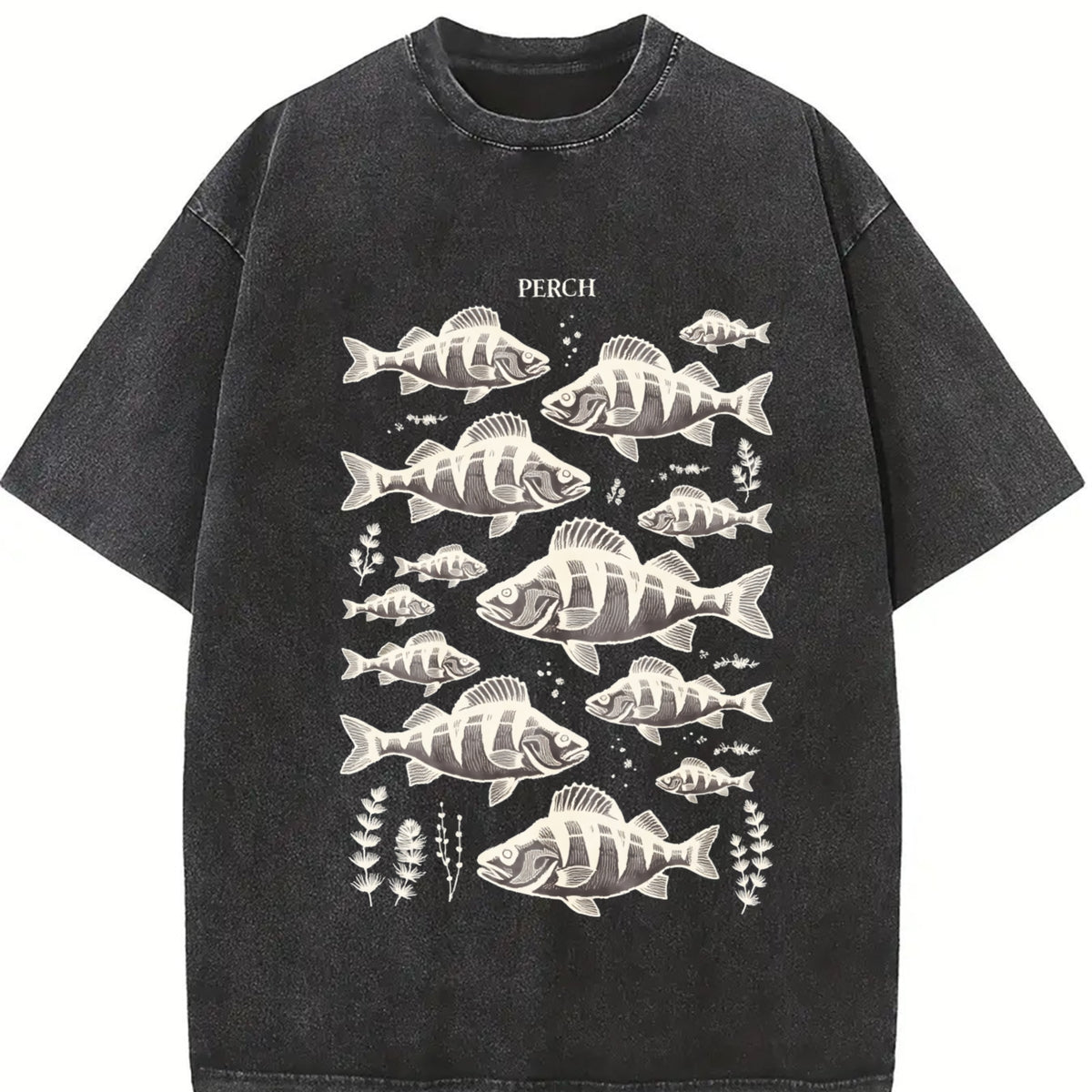 Perch Fish 90s Retro ® Fisherman Y2k Vintage Washed T-Shirt in Black