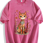 Retro Cat Short-sleeve Vintage Washed T-Shirt in Red