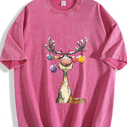 Christmas Reindeer Cute Christmas Vintage Washed T-Shirt in Red