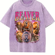 Beaver Retro Wildlife Animal Vintage Washed T-Shirt in Purple