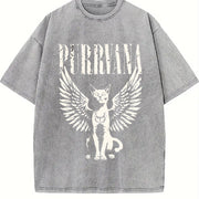 Retro Purrvana Cat with Wings Vintage Washed T-Shirt in Gray