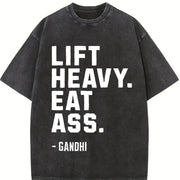 Lift Heavy Eat Ass Meme Gym Back Bodybuilding Motivation vintage washed oversized T-shirt in Black