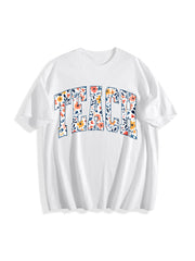 Floral Teach Teacher Cotton T-Shirt in White
