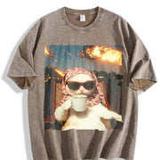 230gsm Retro & Letter Layerable Vintage Washed T-Shirt in Brown
