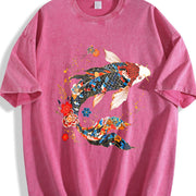 Koi Fish Theme Loose Versatile Trend Pure Vintage Washed T-Shirt in Red