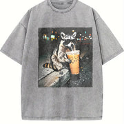 Raccoon Drinking Iced Coffee vintage washed oversized T-shirt in Gray