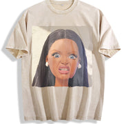 Shocked Glam Doll Portrait Vintage Washed T-Shirt in Beige
