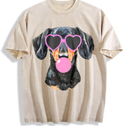 Dachshund Mama Blowing Bubble Vintage Washed T-Shirt in Beige