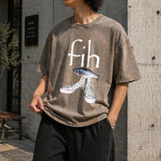 Fih Shoes Fish Misspelled Fish Meme Fih Calling Humor Vintage Washed T-Shirt in Brown
