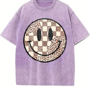 Retro Checkered Leopard Smiley vintage washed oversized T-shirt in Purple