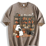 Retro Ghost Reading Books Vintage Washed T-Shirt in Brown
