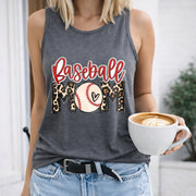 Baseball Mom Leopard Ball Crew-neck Sleeveless Vest Women's Color Cotton Tank Top in Gray