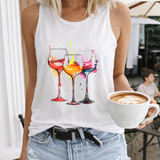 Colorful Wine Glasses Splash Art Crew-neck Sleeveless Vest Women's Color Cotton Tank Top in White