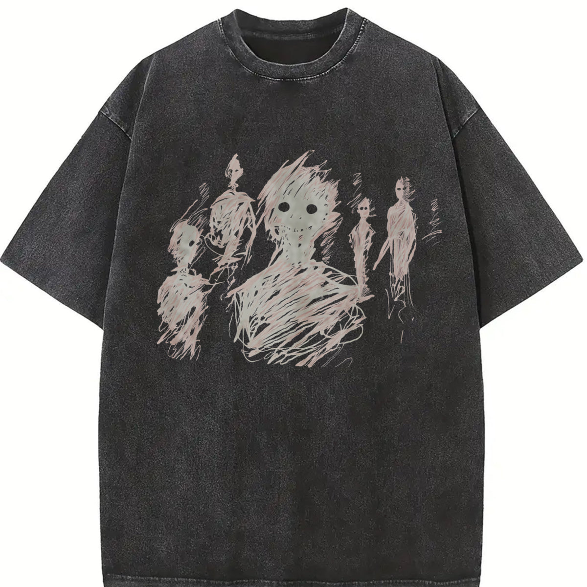 Black with Abstract Character Vintage Washed T-Shirt in Black