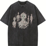 Black with Abstract Character Vintage Washed T-Shirt in Black