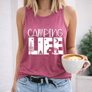 Camping Life Tree Tent Star Moon Crew-neck Sleeveless Vest Women's Color Cotton Tank Top in Red