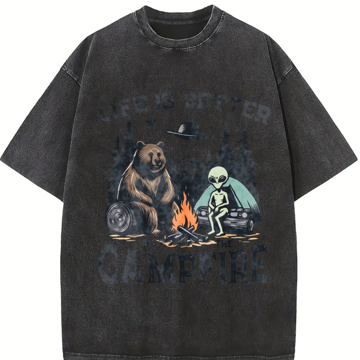Retro Bear and Alien Life Is Better by the Campfire 90s Vintage Washed T-Shirt in Black