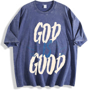 God is Good Christian Bible Verse Jesus vintage washed oversized T-shirt in Blue