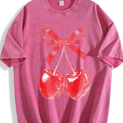 Retro Cherry Bow Halftone Vintage Washed T-Shirt in Red
