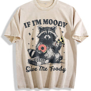 Retro Raccoon If I'm Moody Give Me Foody Vintage Washed T-Shirt in Beige