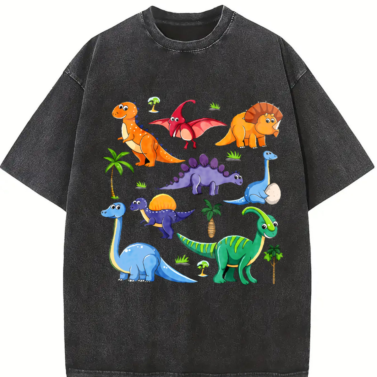 Autumn Dinosaur World Cartoon Short-sleeved Vintage Washed T-Shirt in Black