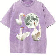 White Goose Howling at Moon 90s Vintage Washed T-Shirt in Purple