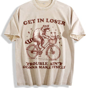 Get in Loser Raccoon Cat Animal Vintage Washed T-Shirt in Beige