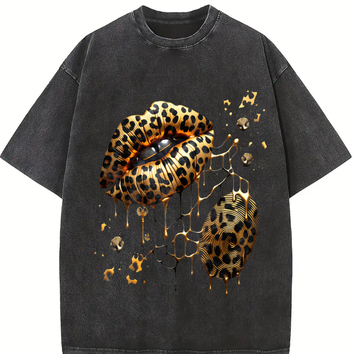 Leopard Lips and Soccer Ball Vintage Washed T-Shirt in Black