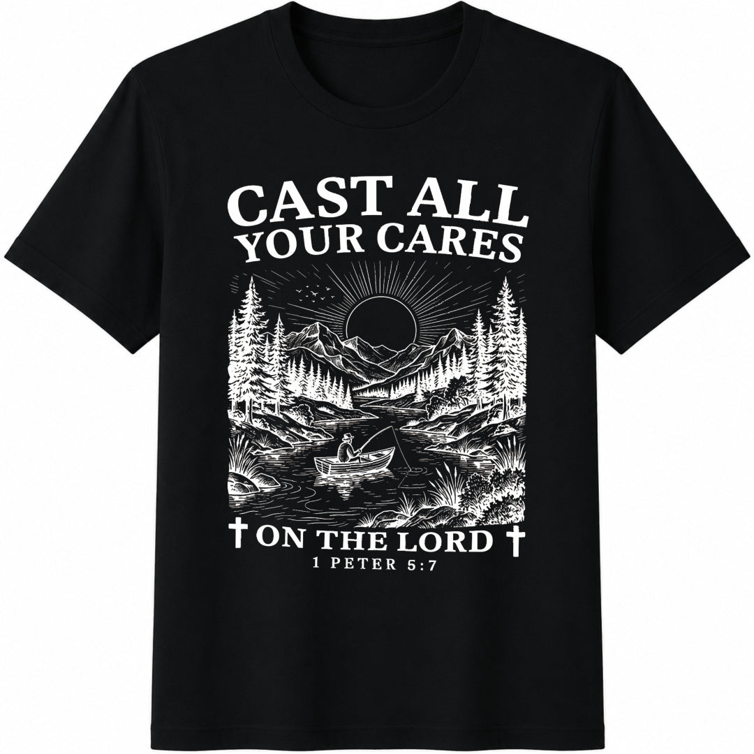 Christian Cast All Your Cares Lord 1 Peter 5:7 Nature Cotton T-Shirt in Black