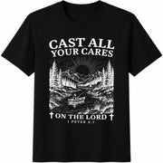 Christian Cast All Your Cares Lord 1 Peter 5:7 Nature Cotton T-Shirt in Black
