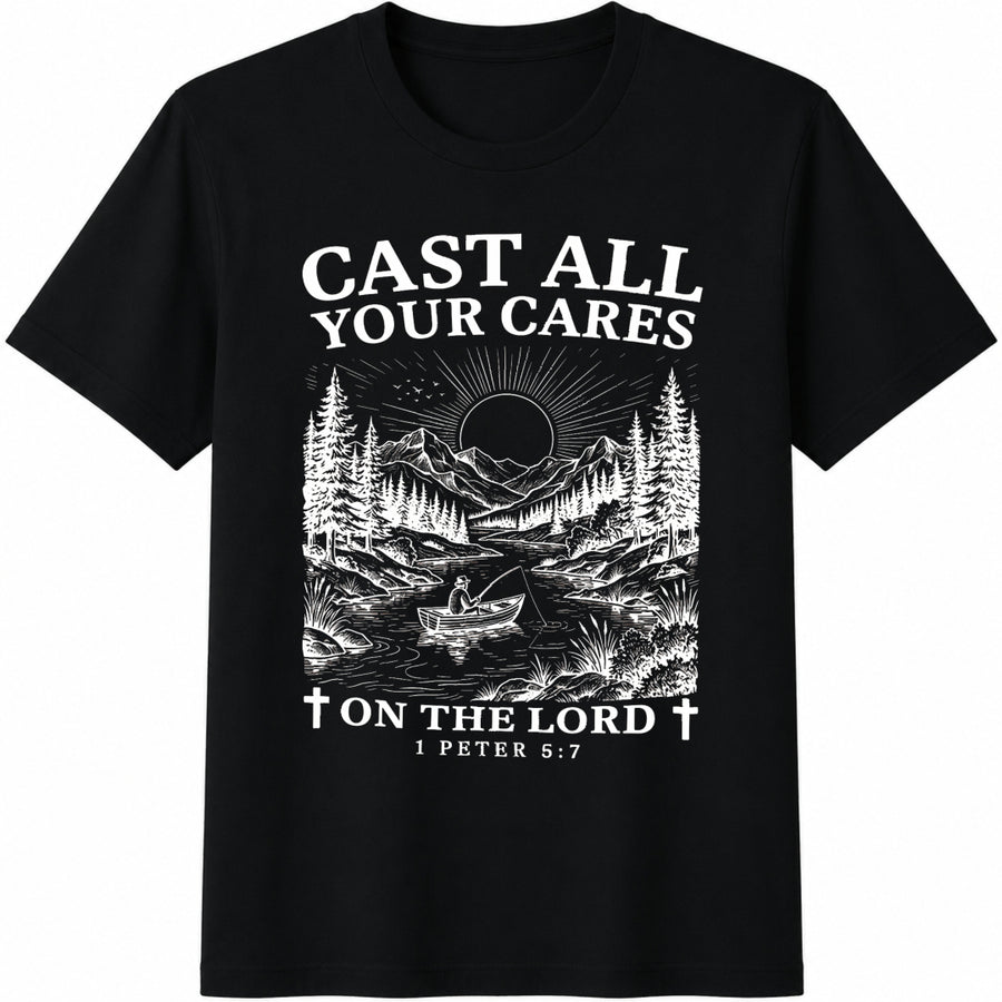 Christian Cast All Your Cares Lord 1 Peter 5:7 Nature Cotton T-Shirt in Black