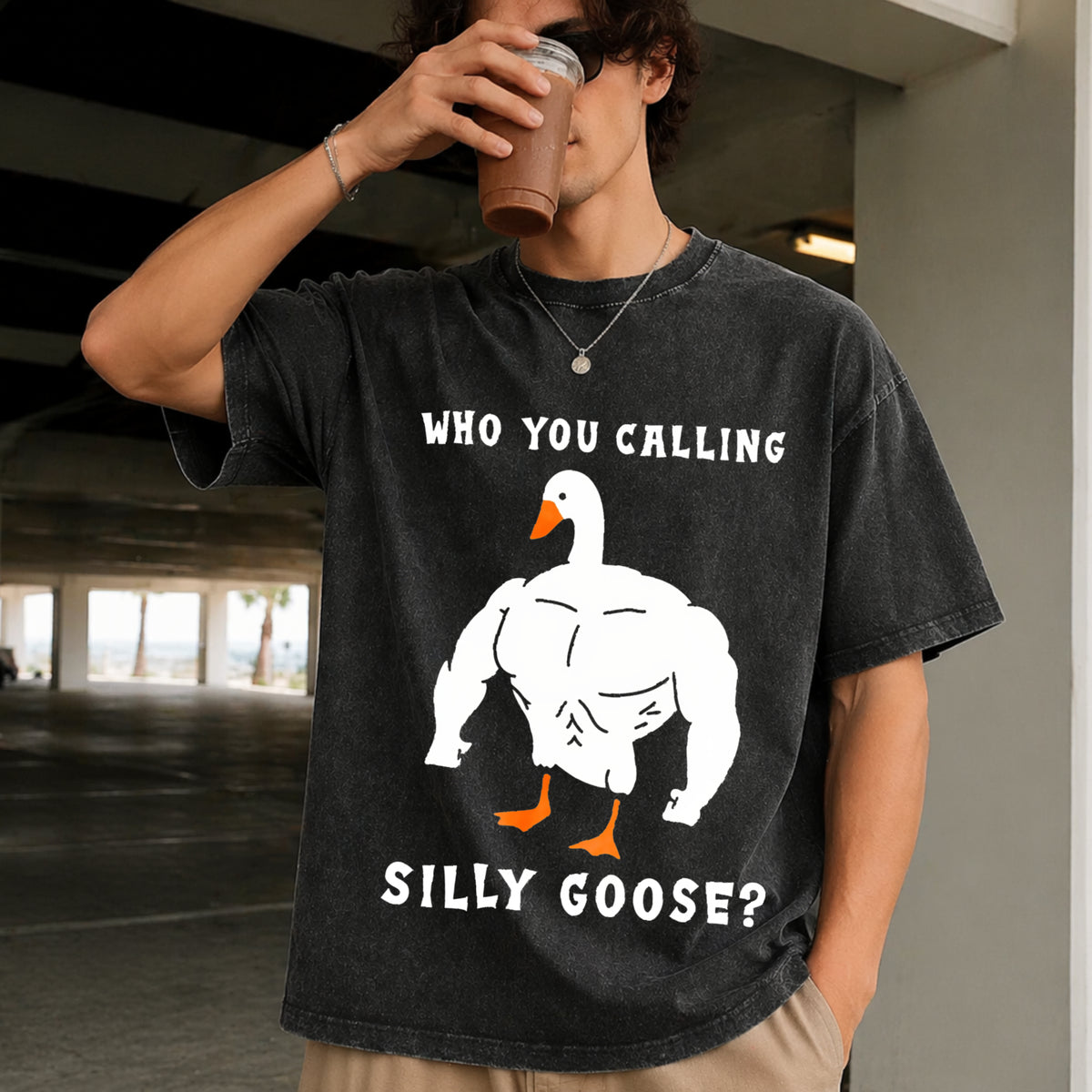 Silly Goose Gym Meme Vintage Washed T-Shirt in Black